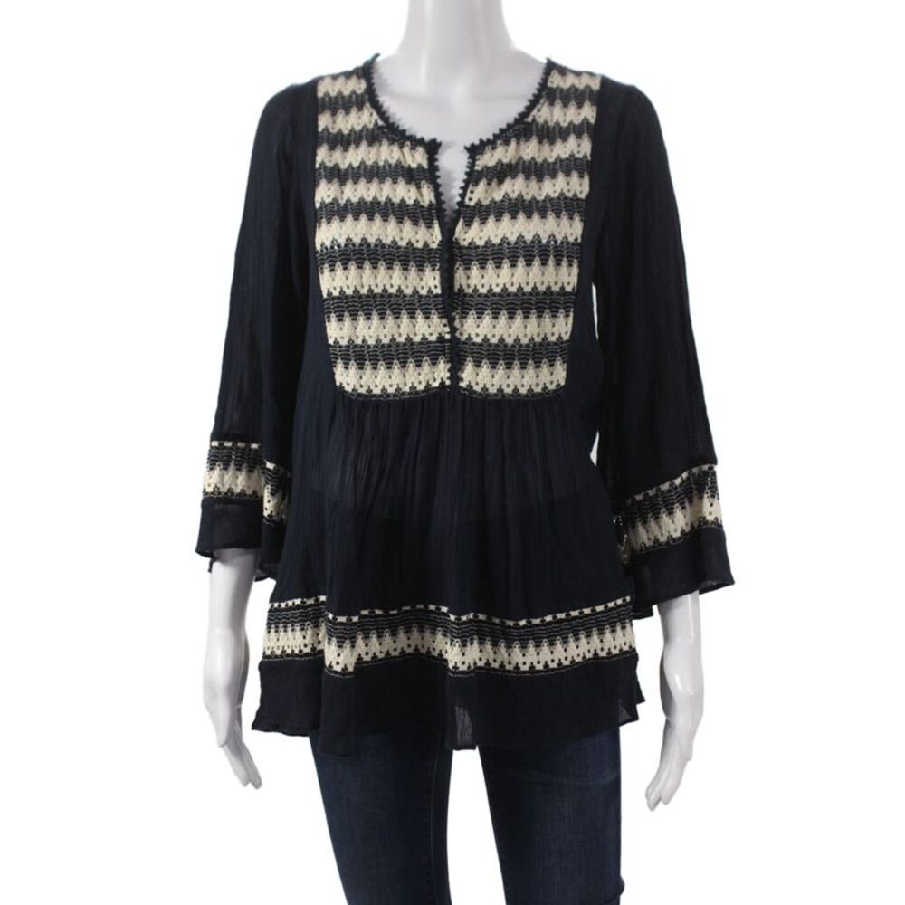 Calypso Womens Black Geometric V Neck Tunic Blouse 3/4 Sleeve Cotton Size S